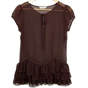 MISS SELFRIDGE Chocolate Brown Sheer Front Tie Ruffle Cap Sleeve Top Size 10